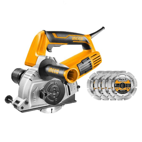 Picture of INGCO WLC15008 1500W Wall Chaser/Slotter/Grooving Machine with 4 Diamond Blades -125mm, Adjustable Cutting depth-29mm Width 30mm Brick Concrete Cutter for Industrial Building Construction (Yellow)