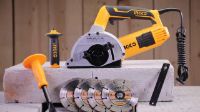 Picture of INGCO WLC15008 1500W Wall Chaser/Slotter/Grooving Machine with 4 Diamond Blades -125mm, Adjustable Cutting depth-29mm Width 30mm Brick Concrete Cutter for Industrial Building Construction (Yellow)